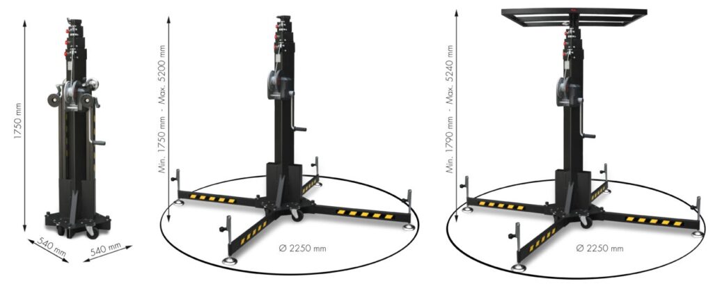 Målskitse sammenklappelig lift til 280 kg og løftehøjde 5,2 m